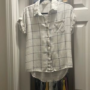 White with black plaid, cap sleeve, high low, button up.